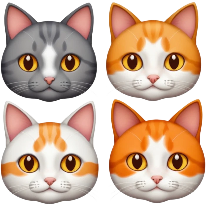 4 different coloured short haired cats including; a dark brown tabby and white cat, and a dark grey and white  emoji