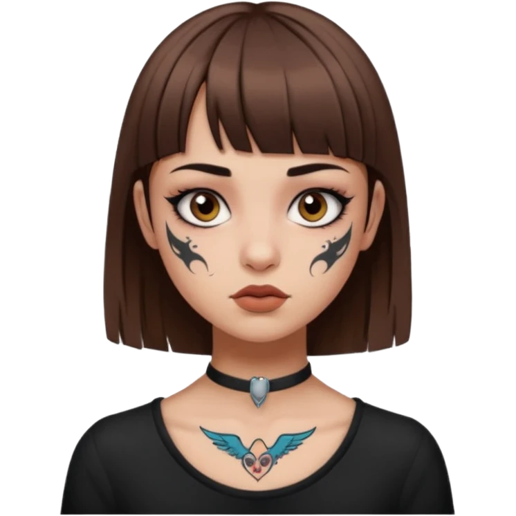 Alternative girl with straight brown hair and micro bangs and a throat tattoo emoji