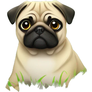 a pug lied in the grass with flowers in front of him emoji