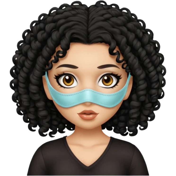 a pretty tan bratz girl with black curly hair. no makeup, looking sick, wearing a mask emoji