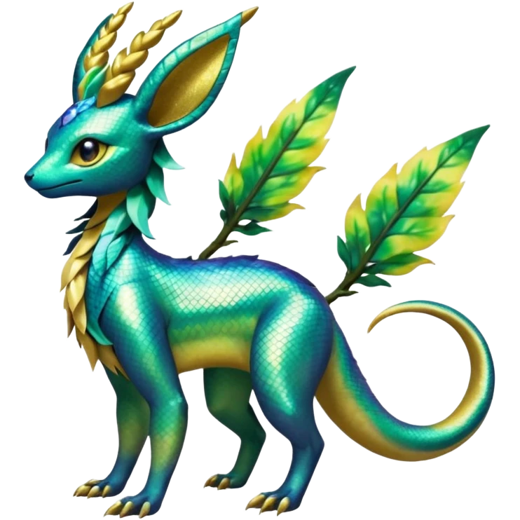 Shiny Iridescent Helioptile-Salandit-Leafeon-Fakémon-hybrid-creature (full body)  emoji