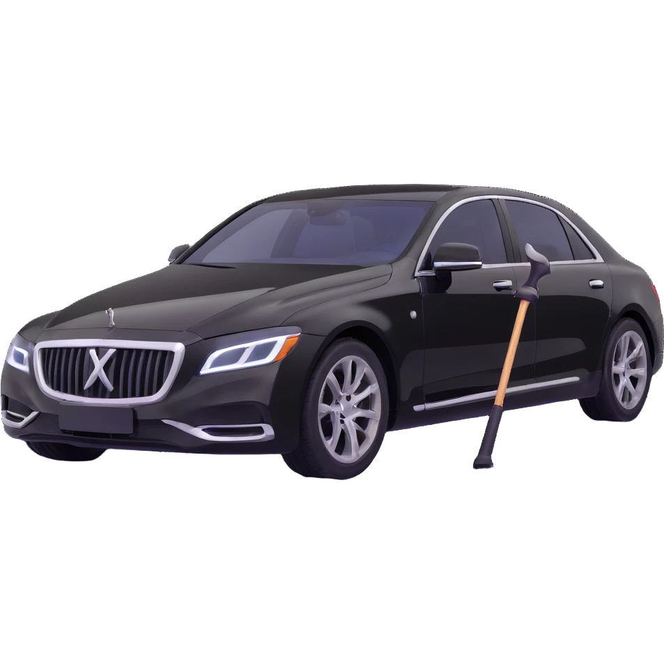 black luxury car with a visible dent, a hammer and a rod forming an X in the upper right part of the vehicle, reflection lamp illuminating the car, elegant and modern emoji