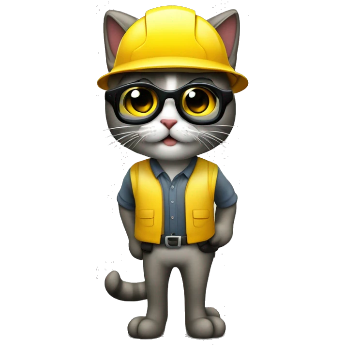 Gato con casco amarillo de trabajo y unas gafas transparentes de seguridad emoji