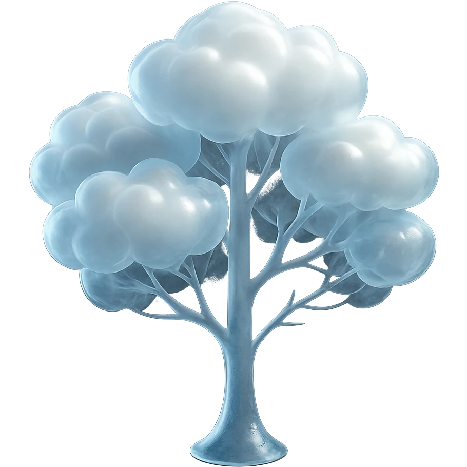 one tree with many branches and a white trunk, crown made of small very bright white fluffy convex clouds, matte glass style emoji