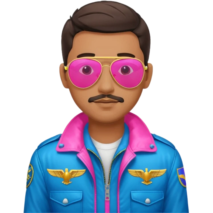 1980s cool man with stubble wearing reflective neon pink and blue aviator sunglasses and a pilot topgun jacket emoji