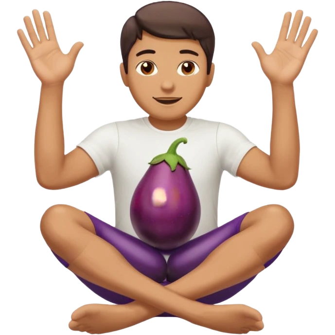 Guy emoji with hands up and out saying why with an eggplant between his legs emoji