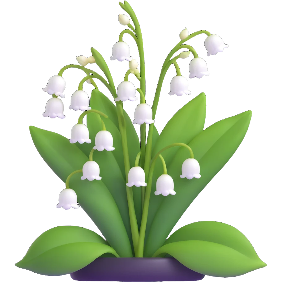 Realistic lily of the valley with correct leaf structure - large elliptical leaves from base, with center flower stem bearing small white bell flowers hanging in a row emoji