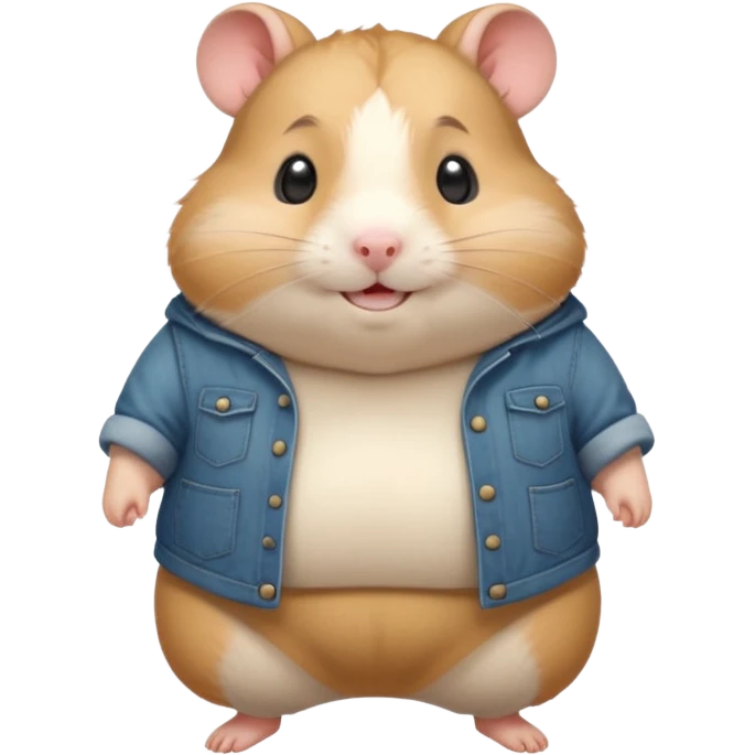Cute chubby cartoon-style hamster wearing oversized pants that look too big, proud and smiling expression. Painterly shading, white background, sticker-style illustration emoji