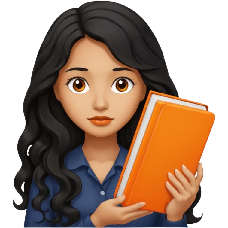 Long Hair Women with orrange Book, Black wavy hair, sad

 emoji
