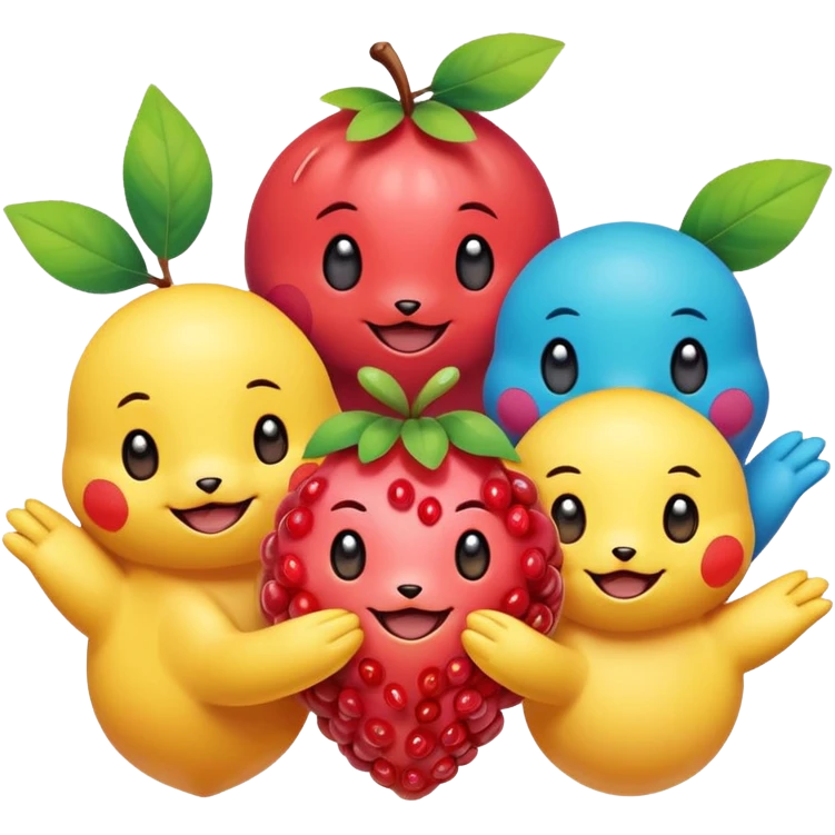 Three Pokémon characters showing kindness and teamwork. One Pokémon is handing a berry to another, while the third Pokémon is cheering and clapping happily. They look joyful and friendly, standing close together in a bright, colorful cartoon scene. The style is cute, playful, and emoji-like. emoji