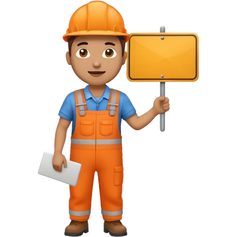 emoji style railway engineer full body in orange overalls, holding a sign in front of him emoji