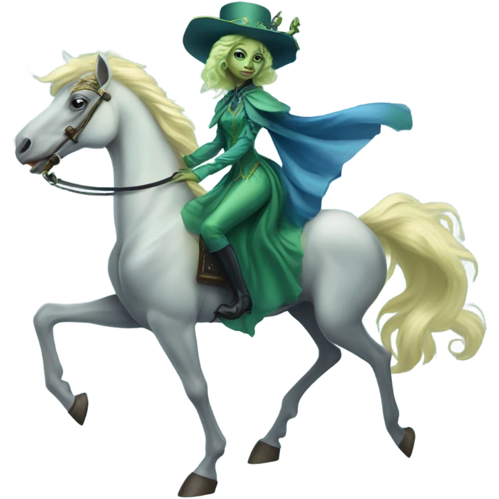 "galora green blonde alien woman" in blue Victorian dress elegant, full body, on pegaso emoji