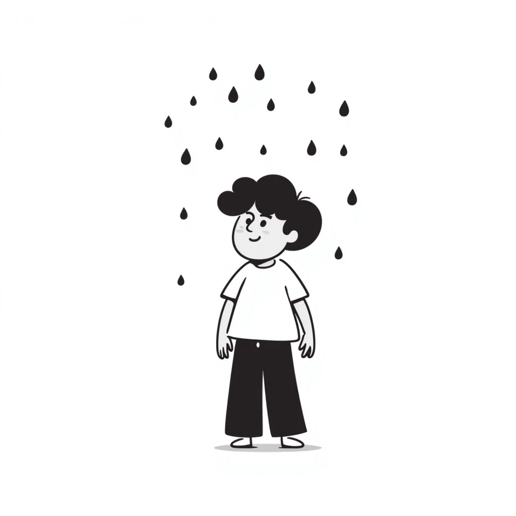 Lonely boy standing in the rain, raindrops falling around him emoji
