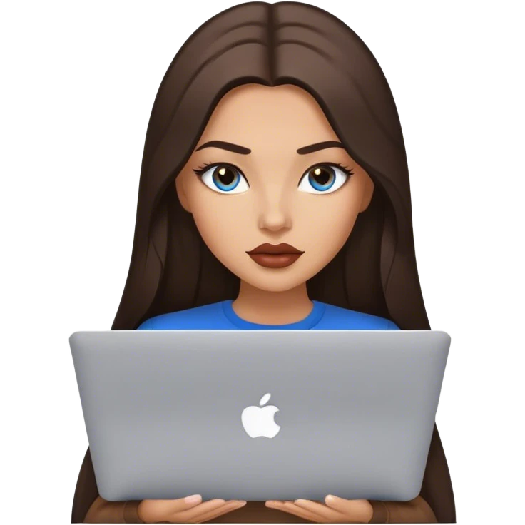 Glamours tanned very beautiful girl with big pump lips and dark chocolate straight smooth long hair, blue-grey eyes in brown clothing with MacBook emoji