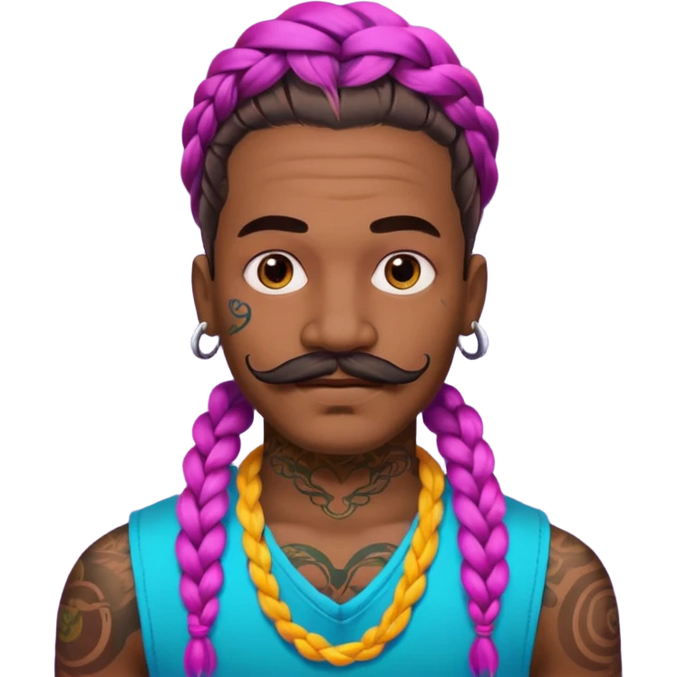 big lose braids starting from the top of the head man with mustache face wiith big visible braids and lots and lots of face tattoos colored tattoos like a tattoo artist hair unique color emoji