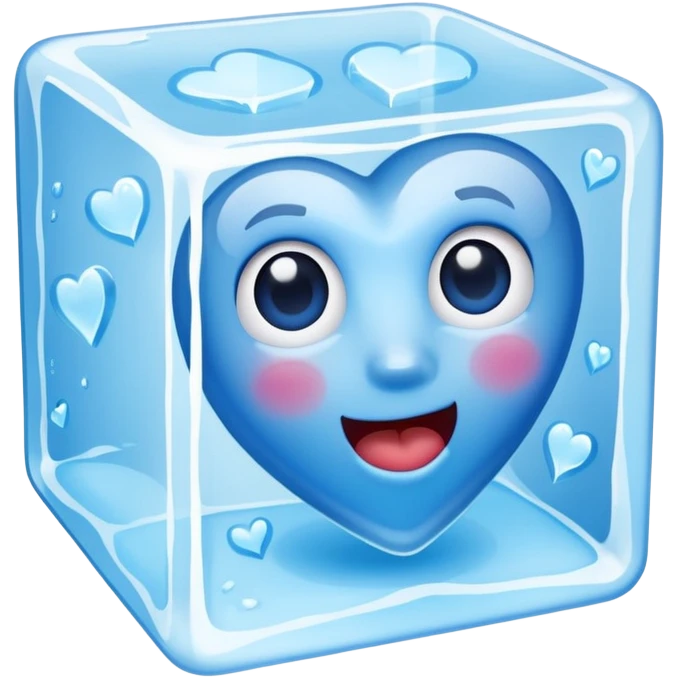 Ice cube with a flat mouthblue heart made of ice, inside an ice cube emoji