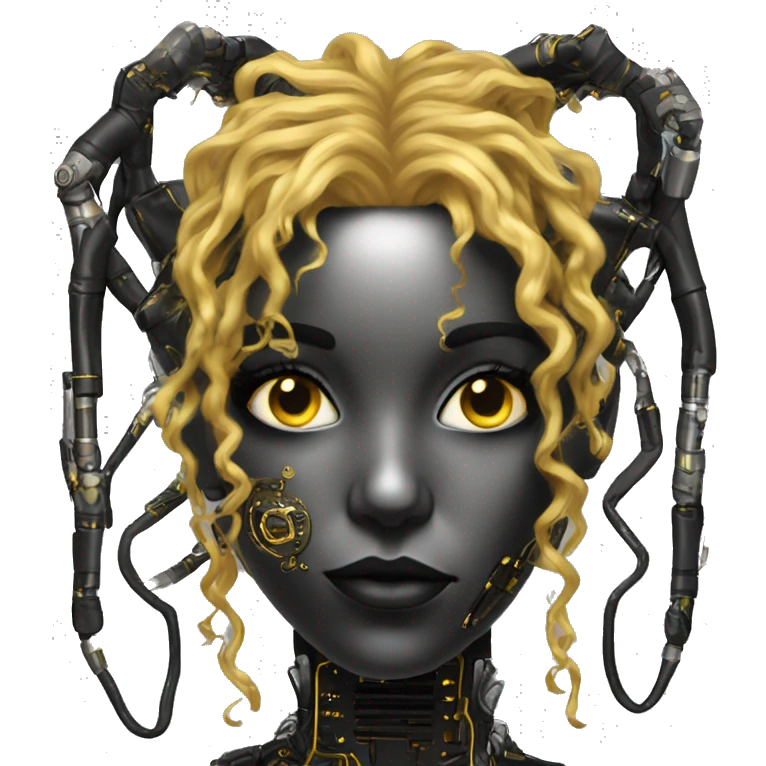 black metal female cyborg head with circuitry and yellow gold curly hair emoji