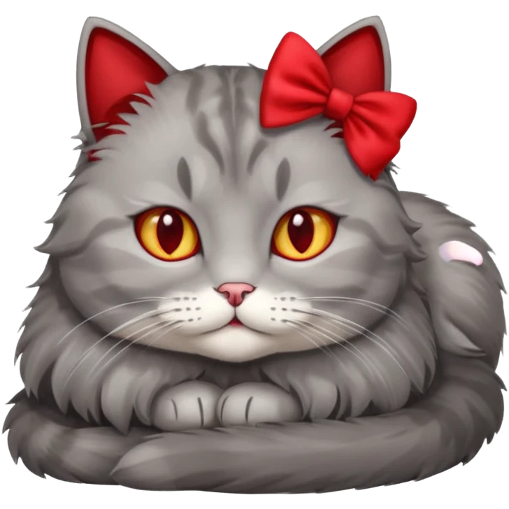 A fluffy grey cat is lying down with a red bow on its neck. emoji