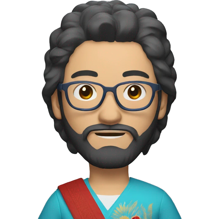 a kazakh man with visible hair in a red bandana, red blue light blocking glasses, a minor beard and a visible sword carried on his back emoji
