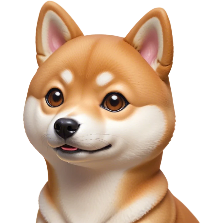 Cinematic Cute Shiba Inu Portrait Emoji, Head tilted playfully and inquisitively, featuring a richfur with a creamy underbelly and perky ears, round, sparkling brown eyes filled with curiosity, Simplified yet irresistibly adorable features, highly detailed, glowing with a warm, friendly glow, high shine, affectionate and lively, stylized with a touch of whimsy, bright and endearing, soft glowing outline, capturing the essence of a mischievous yet loving pup, so playful it feels like it could leap out of the screen and into your arms! emoji
