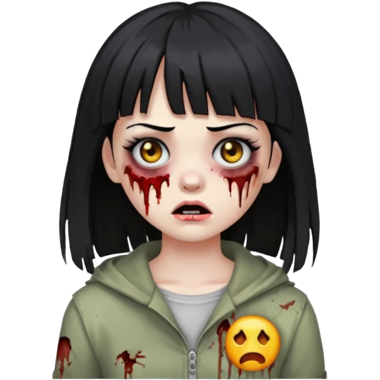 make a zombie girl emoji, with black hair and bangs above the eyebrow emoji