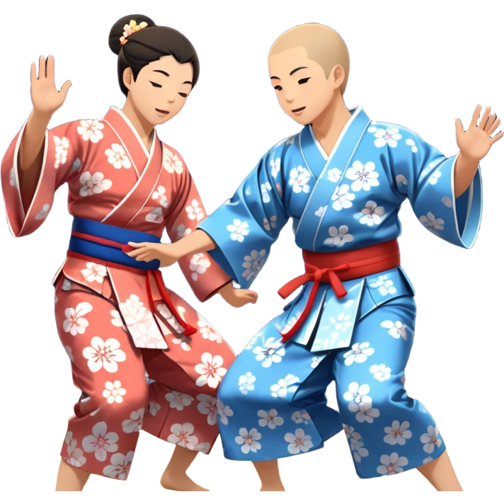 Cinematic Realistic scene of two performers engaging in Bon Odori, dressed in traditional yukata with intricate summer patterns, captured in graceful, rhythmic motion with warm, festive lighting emoji