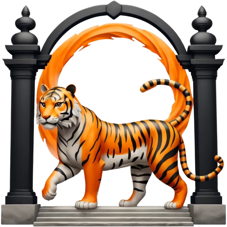 Traditional Chinese ink painting style emoji. A powerful tiger (like the ancient character 虎), standing guard in front of mystical gates (門). Energy swirls around him like a vortex (🌀). Minimalist, transparent background, 512x512 pixels. emoji