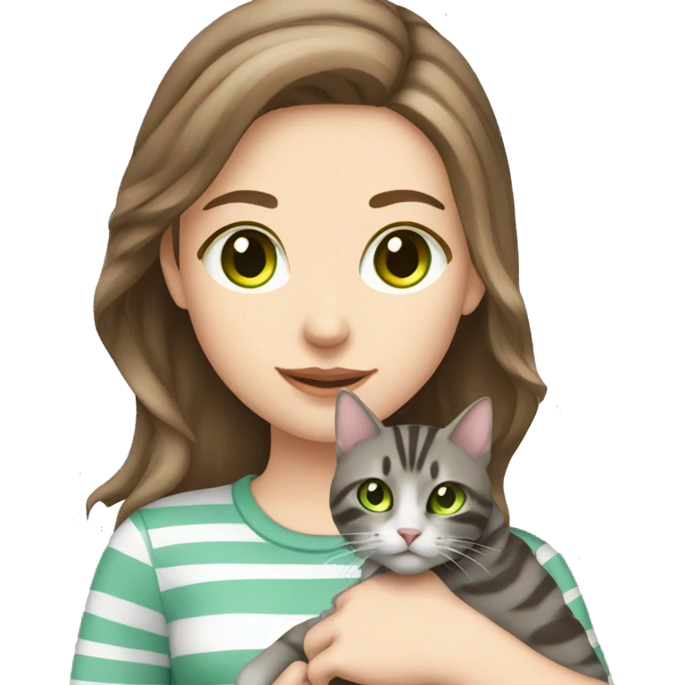 brown hair pale girl with green eyes holding grey tabby striped cat   emoji