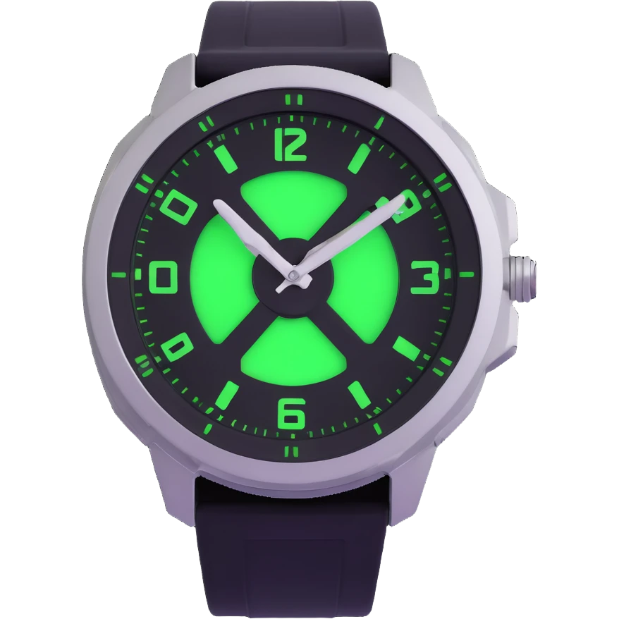 Ben 10's Omnitrix watch, 3D style, metallic, glowing green core, no text emoji