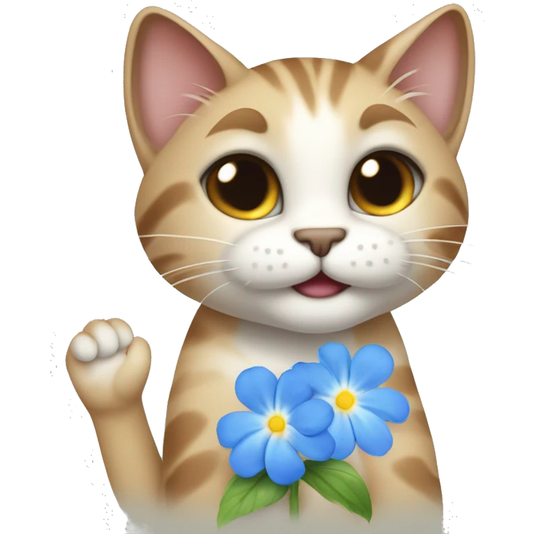 sweet cat smiling and stretching out its paw and giving a blue flower forget me not emoji