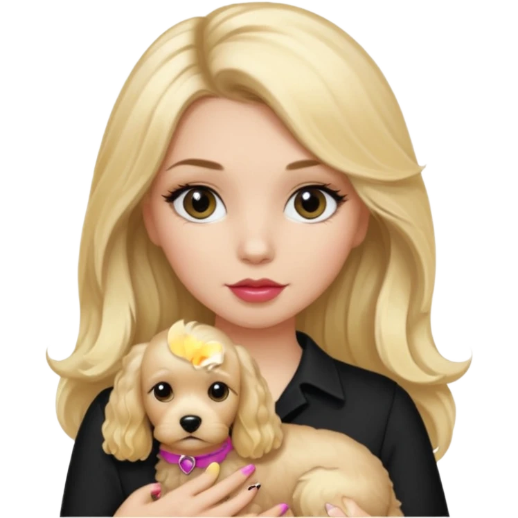 Make a girl with long black silky  hair holding a cockapoo make the cockapoo blonde Make thr girl have mascara and lipgloss on and make her have black/blonde her for the girl emoji