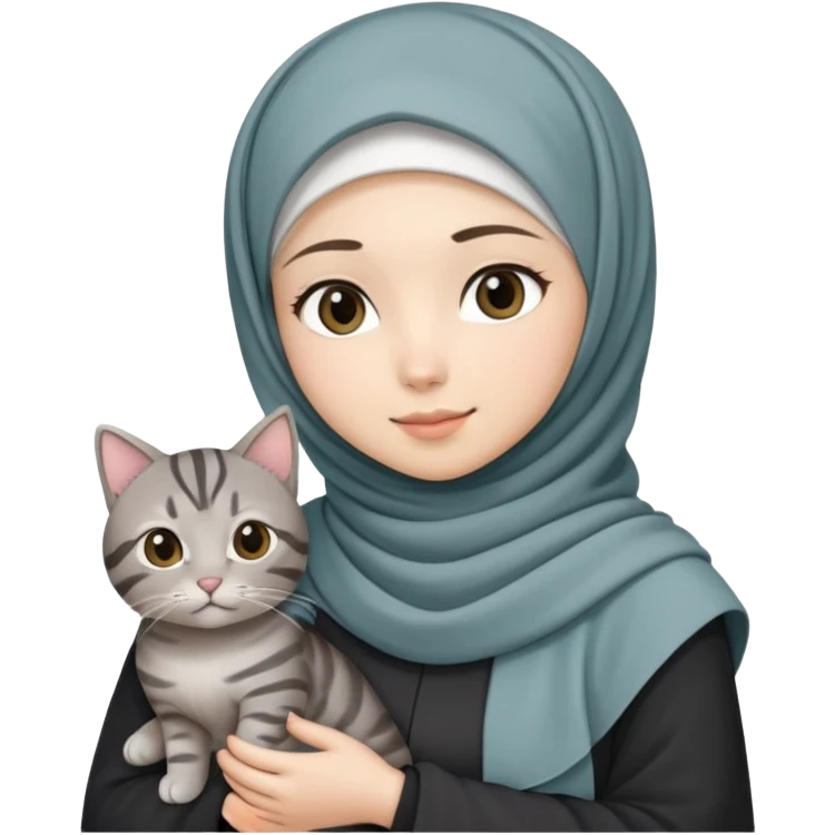 Asian White girl wearing hijab holding a black grey tabby cat while standing .  emoji