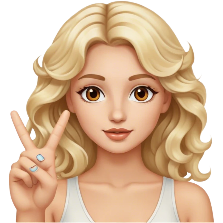 Luxury blonde model, brown eyes, wavy hair, doing a peace sign emoji