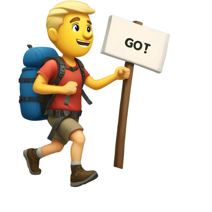 White man hiking mountain with sign that says “go for it!” emoji