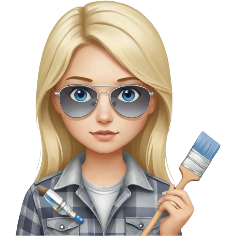 girl with long blond hair, wearing grey plaid shirt with blue eyes and aviator sunglasses wearing a ring on her silver necklace, holding a paint brush roller with a small bit of white paint on her face emoji