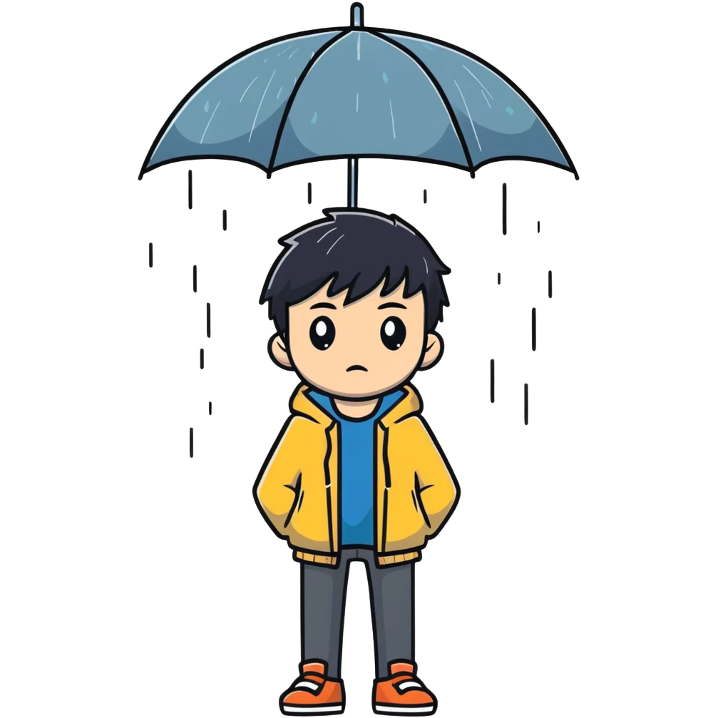 Anime-style teenage boy with dark hair standing in the rain, looking melancholic emoji