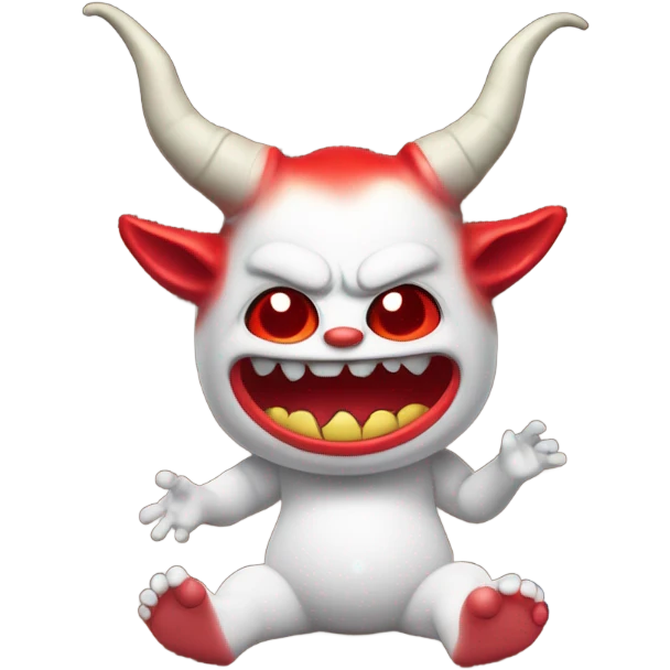 Red horned Satan doll swinging legs on a shelf  emoji