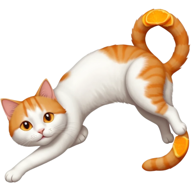ginger and white cat with orange eyes doing a big extremely long stretch reaching up into the air with arms and legs side by side together straight and overextended whilst lying on its side emoji