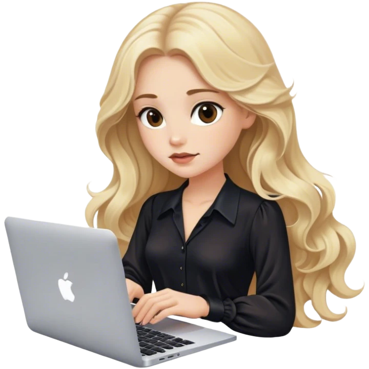Blonde model with brown eyes, long wavy hair, black silky blouse, typing on MacBook  emoji