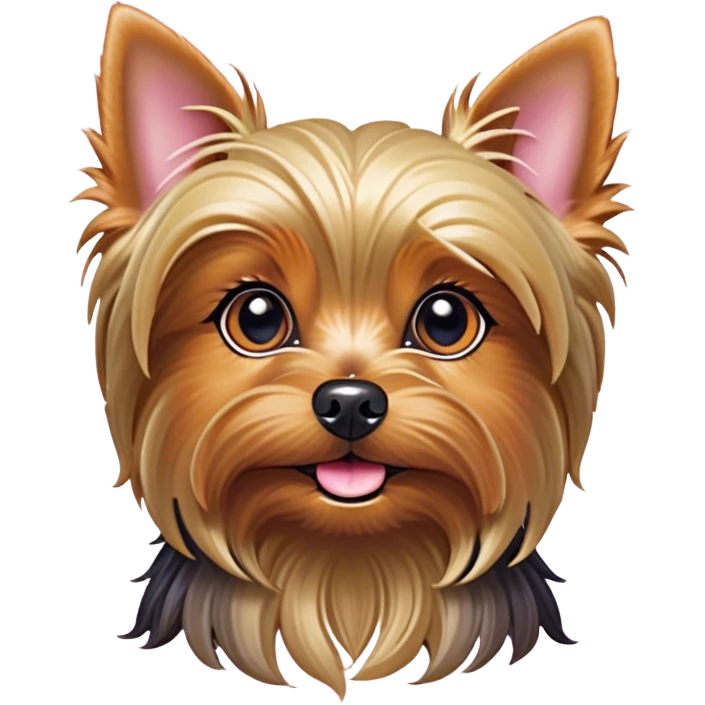 Cinematic Cute Yorkshire Terrier Portrait Emoji, Head perked with bright, twinkling eyes and a perky expression, showcasing a soft, silky fur in rich hues, simplified yet adorably detailed, glowing with a cheerful, inviting glow, high shine, exuding playful intelligence and spunky charm, styled with a gentle, whimsical outline, capturing the essence of a cute Yorkshire Terrier that appears ready to frolic off the screen with irresistible energy! emoji