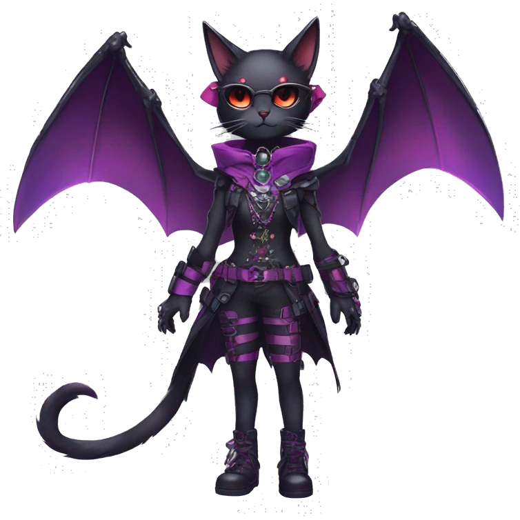 cool kawaii edgy evil techwear black purple red ethereal fantasy beautiful elegant bat-cat-Fakemon wearing legs spats a collar harness with jewelries full body emoji
