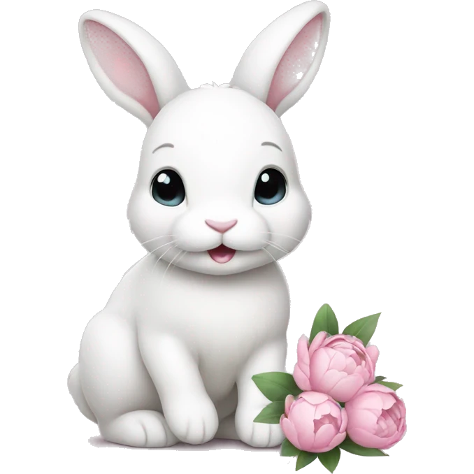 cute white bunny holding light pink peonies emoji