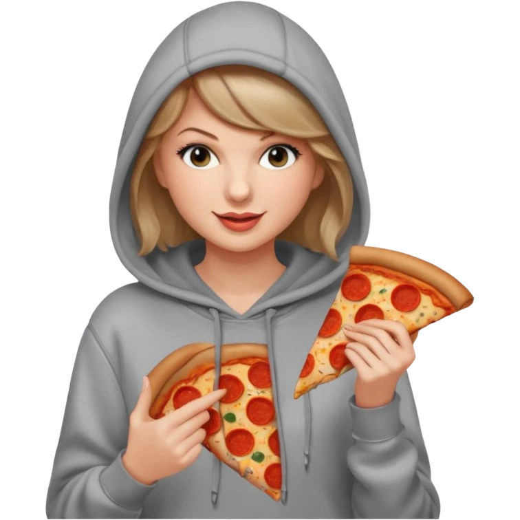 Taylor Swift, wearing hoodie, holding a slice of pizza





































 emoji