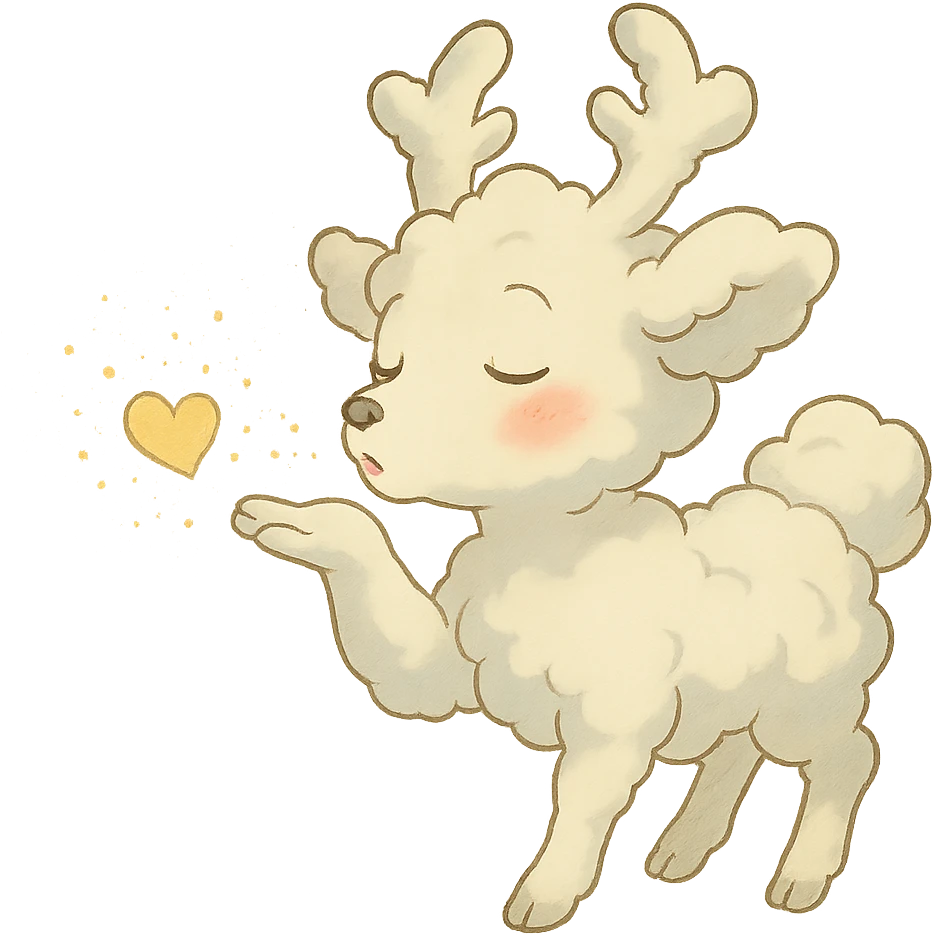 vanilla cloud doe with rosy cheeks, blowing a sparkling kiss, soft Ghibli style emoji