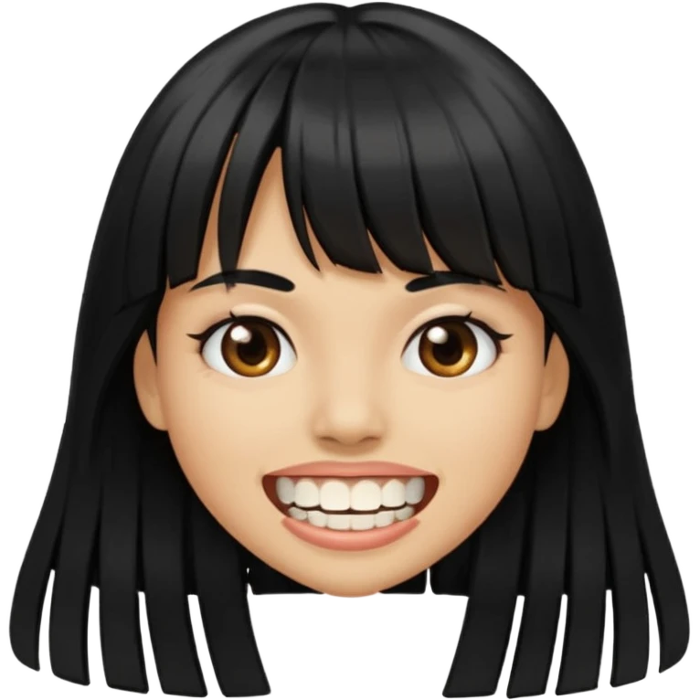 Woman a little tan with long black hairs and bangs, appearing teeth emoji
