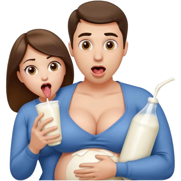 Woman with no clothes, she has massive breasts and big nipples, beside her was a man holding a milk, he spilled it on her chest, woman expression was shocked, she sticks her tounge out with saliva emoji