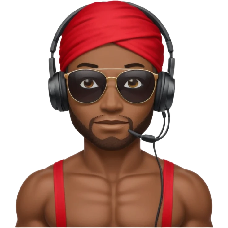 black muscular man with shades, headphones and bandana emoji