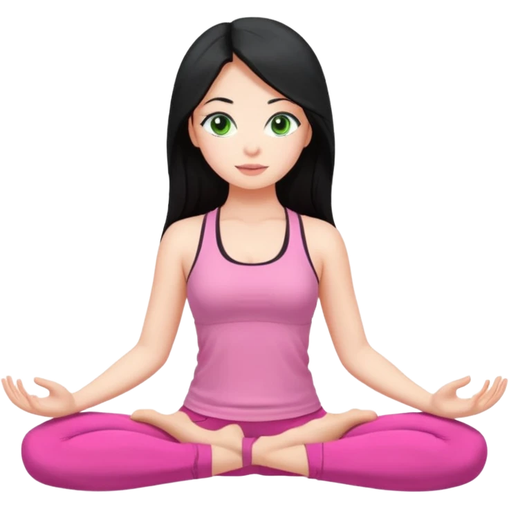 Girl with long black hair with green eyes doing yoga with pink clothes emoji