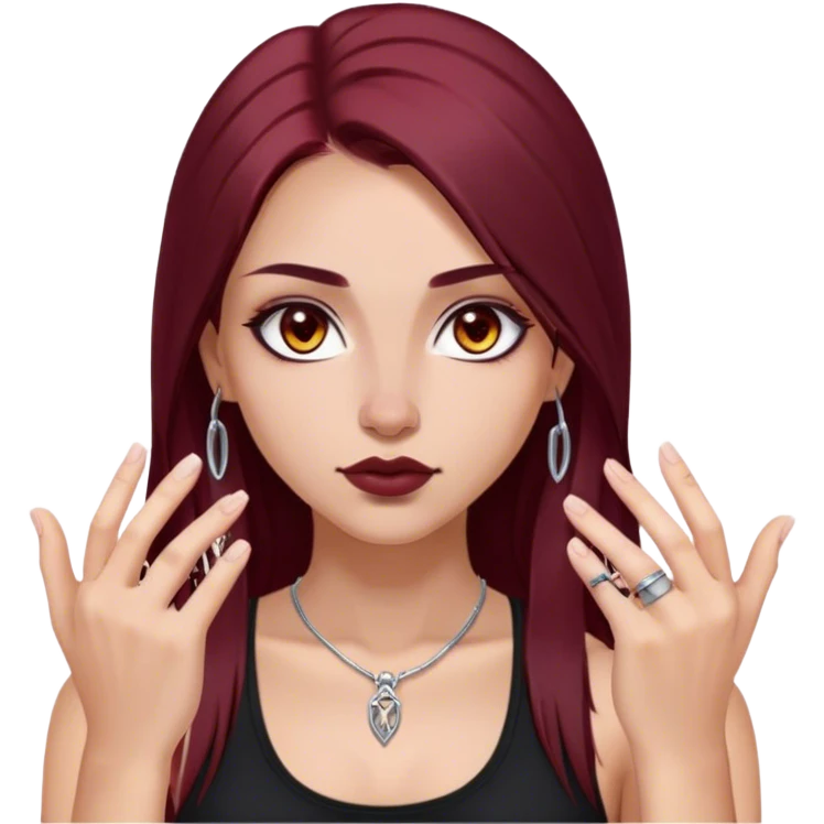 emoji of girl with two black glocks in hands with a black tank top gorgeous girl y2k with maroon dark long hair in a middle part with straight nose hazel eyes medium perfect eye brows with  a nose ring silver on the right nostril  emoji
