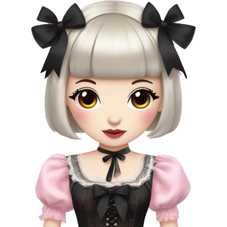 pale woman with short black hair and bangs, pink lips and eyeshadow, long eyelashes, brown eyes, pink Lolita dress with laces and ribbons, gothic Lolita doll look emoji